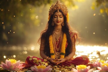 Beautiful indian woman dressed as lakshmi goddess of wealth meditating on golden coins and lotus flowers