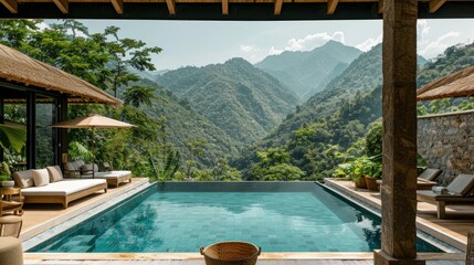 Poster - Infinity pool overlooking lush tropical rainforest mountains