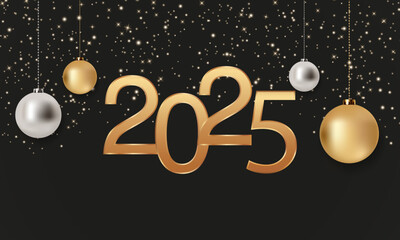 Wall Mural - Happy New Year 2025 background. Shiny gold 2025 New Year. Modern luxury black background with silver and gold balls. Modern Christmas background. Vector EPS 10