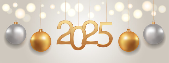 Wall Mural - happy new year 2025 background. golden numbers and christmas decoration with shiny lights in backgro