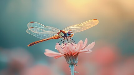 A delicate dragonfly rests on a pink flower, bathed in soft, gentle light.