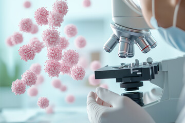 Close-up of a biologist using a high-powered microscope to examine a blood sample, focusing on red and white blood cells. Biology and cellular analysis in a laboratory setting