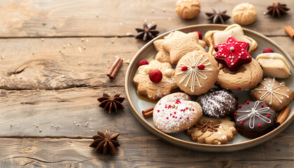 Poster - Plate with tasty Christmas cookies on wooden table