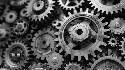 Aufkleber - Retro black and white background of industrial cogs or gears with movement