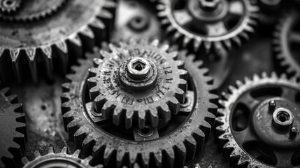 Aufkleber - Close-up view of complex interlocking industrial gears in black and white