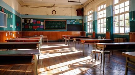 Canvas Print - An empty classroom with wooden desks and chairs, a chalkboard, and windows.