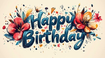 Wall Mural - Vibrant Happy Birthday Artwork with Colorful Floral Illustrations for Celebrations