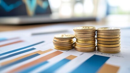 Stacks of coins on a financial report symbolize investment growth and economic analysis, with graphs and charts in the background.