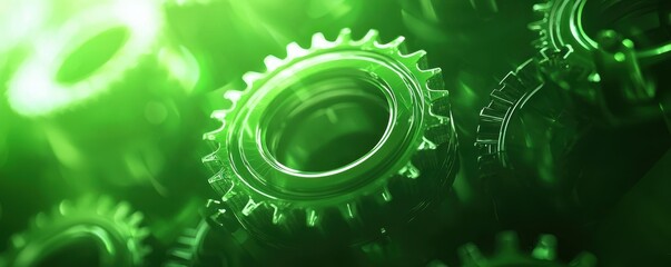 Close-up of green gears showcasing intricate details and a futuristic aesthetic, perfect for technology and machinery themes.