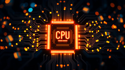 A glowing central processor unit (CPU) surrounded by a web of interconnected data lines