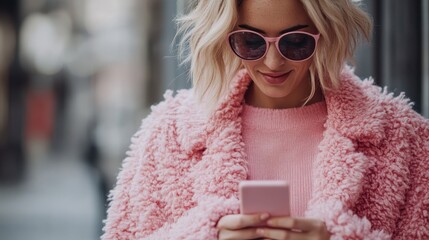 A stylish young woman dressed in pink attire and sunglasses, engrossed in her smartphone while standing outdoors, representing modern-day fashion and connectivity.