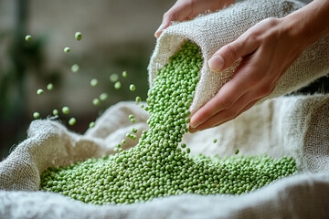 Hands pouring green pea seeds from the white sack