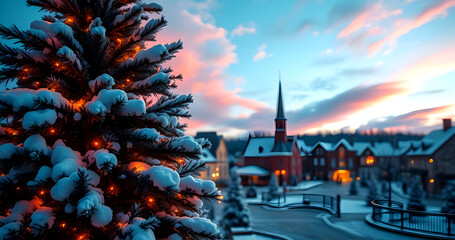 A bucolic New England Style Town square decorated for Christmas. Just before Dawn