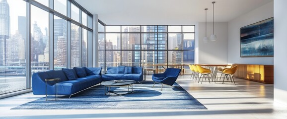 Poster - This 3D rendering shows a contemporary minimal living and dining area with grey tile floor and a sofa set.