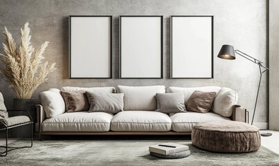 A contemporary interior design mock-up with 3 poster frames in the living room along with a green couch, wooden pot, and a floor lamp. Template, 3D render, illustration