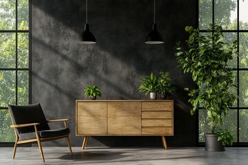 Poster - Waiting room interior with dark contemporary furniture and wooden sideboard