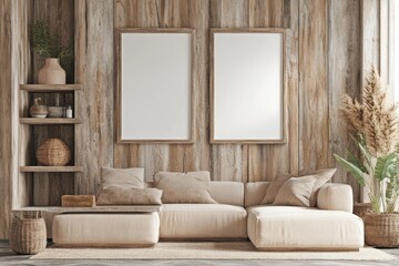 Interior of a bright living room with two empty white posters and a sofa