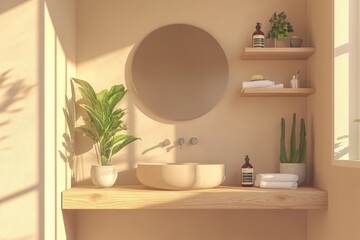 Wall Mural - Stunning modern minimalist bathroom interior with pastel decor, modern wood bathroom furniture, and interior plants. 3D rendering.