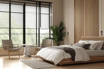 Poster - Interior of cozy bedroom with chilling area and sleeping area, panoramic window