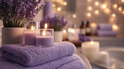 A serene spa scene with lavender-scented skincare products, candles, and fresh towels