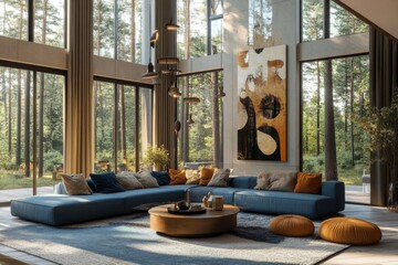 Wall Mural - This is a modern living room, in a minimalist millennium crib, with a high ceiling, and walls blending with the furniture design in warm blues and khakis.