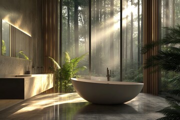 Wall Mural - Using generative stock, this modern bathroom interior features concrete and living walls.