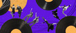 © master1305 - Creative collage. Men and women dancing on vinyl records, blending modern and vintage styles of dance. Concept of art, choreography, creativity, hobby, movements. Banner, flyer, ad