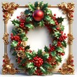 © Hotpin - Elegant Christmas Wreath in Ornate Golden Frame with Holly Leaves, Red Berries, and Festive Ornaments - Ideal for Holiday Cards, Invitations, and Seasonal Designs