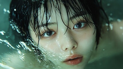 A woman is in a pool of water with her hair wet