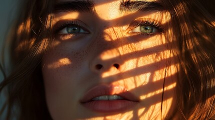 Wall Mural - A close-up shot of a woman's face with long brown hair, her eyes are looking up and her face is bathed in sunlight creating a grid-like pattern on her skin.