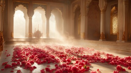 A room with a lot of red flowers on the floor