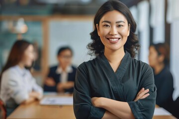 Wall Mural - Portrait of a young businesswoman folding her arms and smiling while her colleagues have a meeting in the background Ninja to your obstacle