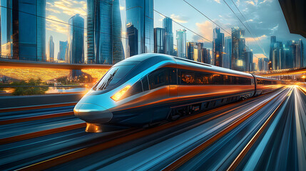 High speed modern train in futuristic city, sci fi background.