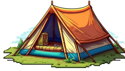 Wall Mural - Pixelated Camping Tent Sprite - 16-bit pixel art sprite of a camping tent. Game design assets. Graphic art 8 bit illustration isolated. Ai Generative