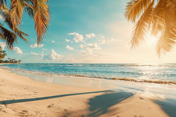 Sunny beach with palm trees and waves on the shoreline, creating a tranquil tropical scene. Summer vacation and travel concept