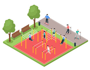 Poster - Outdoor training isometric cartoon composition