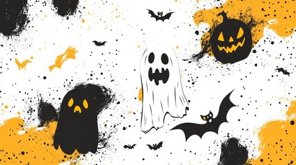 Wall Mural - A Halloween themed background with a ghost, a bat and a pumpkin