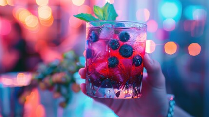 Hand hold summer drink with blueberry fruit