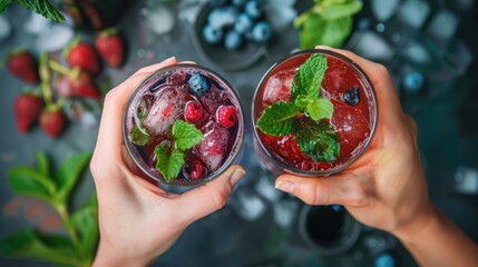 Hand hold summer drink with blueberry fruit