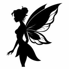 Wall Mural - Beautiful fairy side view silhouette black-filled vector Illustration. fairy silhouette collections on a white background. Cute fairy