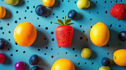 Poster - A blue background with a variety of fruits including oranges, strawberries