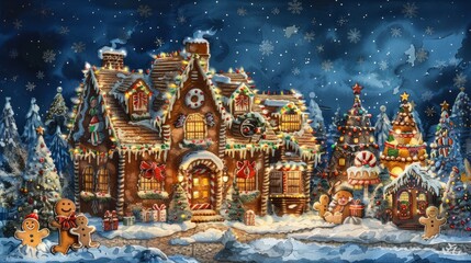 A whimsical gingerbread village with festive decorations during a snowy winter night filled with holiday spirit and joy