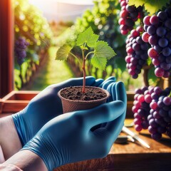 Canvas Print - Grape Seedling Care. Hands in blue gloves hold a potted grape seedling against a backdrop of ripe grapes in a sunny vineyard.