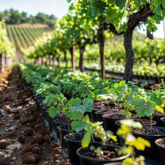 Canvas Print - Vineyard Propagation. Rows of potted grape vine seedlings in a vineyard setting, with mature vines visible in the background.