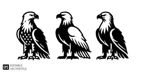 eagle set Isolated vector graphic illustration design in black and white silhouette for clip art templates