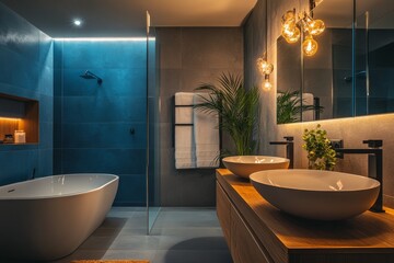 Wall Mural - The bathroom features a gray marble surface, LED lighting, double sinks, and a freestanding bathtub