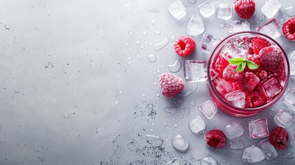 Delicious tasty juice drink with raspberry fruit and ice cube