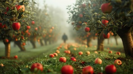 Ripe beautiful apple fruit on tree in plantation farm orchard with a farmer