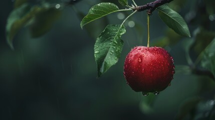 Poster - A close-up of a single, dew-kissed apple hanging from a branch, with blurred green foliage in the background for a fresh and serene look.