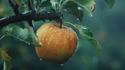 Poster - A close-up of a single, dew-kissed apple hanging from a branch, with blurred green foliage in the background for a fresh and serene look.